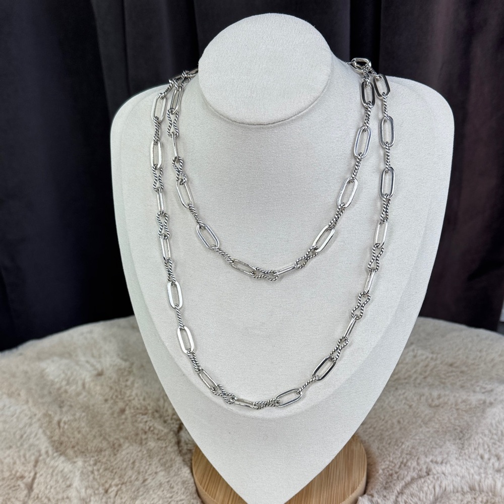 Polished and Textured Alternating Paper Clip Chain Long Necklace in Solid SS 34”